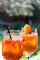 Summer cocktails with orange, lime and mint. Alcoholic cocktail in a tall glass on a stem. Gin tonic long drink. 