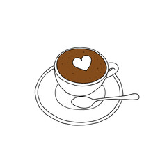 Black Hand drawing outline vector illustration of a cup of brown cappuccino with heart isolated on a white background