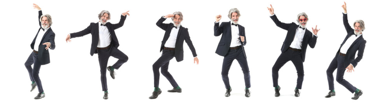 Cool Senior Man Dancing Against White Background