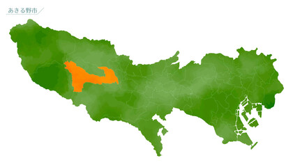 水彩風の地図　東京都　あきる野市