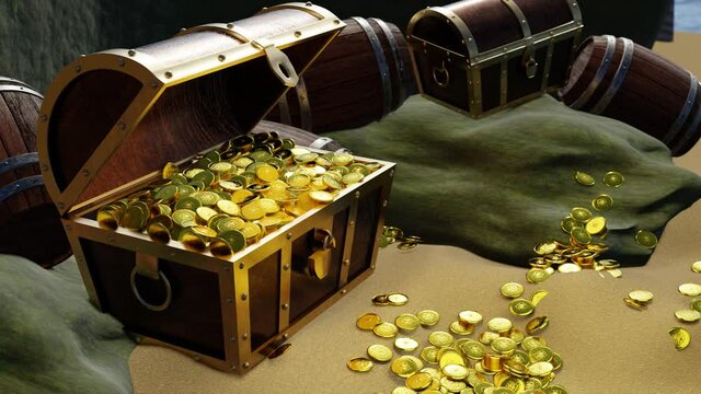 Gold coins are scattered from boxes or treasure chests. wooden treasure chest put on the beach at a deserted island in the theme of Pirate treasure. 3D rendering
