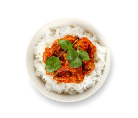 Bowl with tasty chili con carne and rice on white background