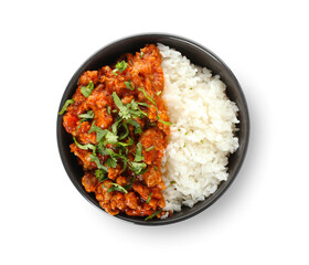 Bowl with tasty chili con carne and rice on white background