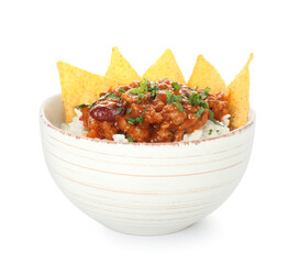 Bowl with tasty chili con carne, rice and nachos on white background