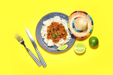 Fototapeta na wymiar Plate with tasty chili con carne, rice, lime and sombrero hat on color background