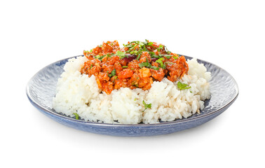 Plate with tasty chili con carne and rice on white background