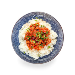 Plate with tasty chili con carne and rice on white background