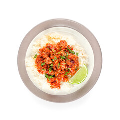 Plate with tasty chili con carne, rice and lime on white background