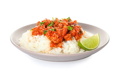 Plate with tasty chili con carne, rice and lime on white background