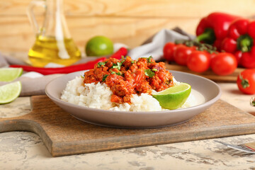 Plate with tasty chili con carne, rice, lime and vegetables on table, closeup