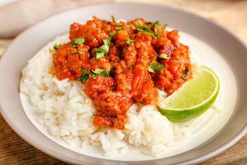 Plate with tasty chili con carne, rice and lime on table, closeup