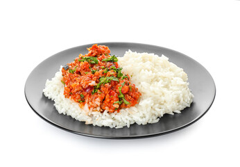 Plate with tasty chili con carne and rice on white background