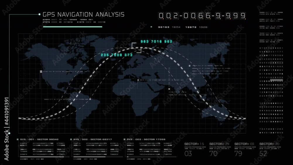 Poster Futuristic global satellite GPS communication networks for broadband internet connections between cities around the world with matrix particles continent map for head up display background
