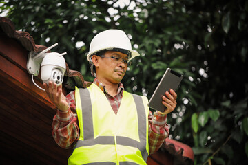 Technician security camera IP  wireless CCTV installing security equipment water proof cover to protect camera with home security system concept.