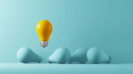 Fotobehang Light bulb yellow floating outstanding among lightbulb light blue on background. Concept of creative idea and innovation, Think different, Individual and standing out from the crowd. 3d illustration © Monster Ztudio