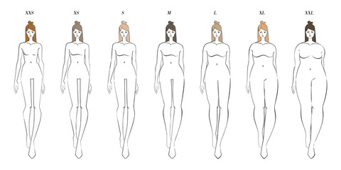 Row of womens of different clothes size. Vector sketch of walking girls