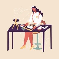Preparing food. Food blogging, show, social media, camera, phone, channel. Woman cooks sushi. Vector illustration. Poster, print, sticker, card design. Sushi, Asian food, rice, fish.