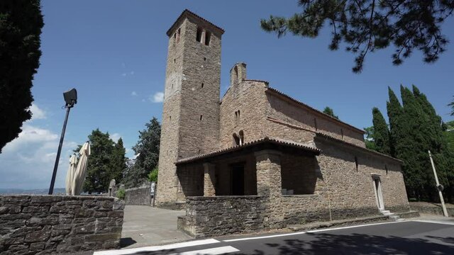 Muggia, Italy. June 13, 2021 view of the church of St. Mary Assunta in the old Muggia archaeological park