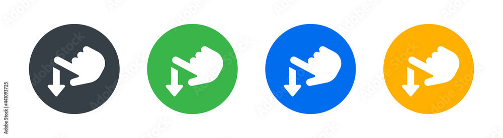 Poster hand swipe down icon, finger scroll symbol set on white background.