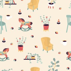 Seamless Pattern for childish textile, room interior. Vector illustration. Poster, print, card design. Wood horse, toys, cheer, armchair, plants, books, cup, tea, coffee, cube, pyramid.