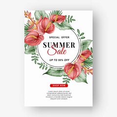 summer sale banner flyer with greenery tropical leaf and anthurium watercolor