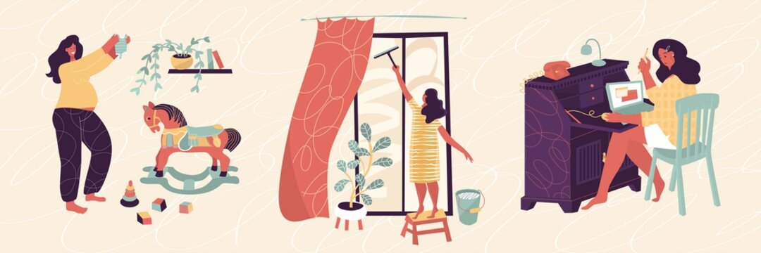 Set with different stay home situations. Pregnant, Washing window, Work at home, freelancer, cleaning, childish room, wood horce. Vector illustration. Poster, print, card design. Isolated elements.