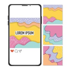 Phone mockup and set with templates for social media resources. Vector illustration. Abstract design, background. Memphis style for story and post, internet communication, web. 