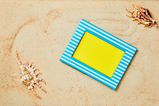 Picture frame with copy space and exotic sea shells on sand as a summer background