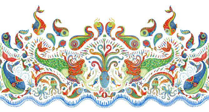Seamless border pattern of hand painted golden fairy tale sea animals and mermaid. Watercolor fantasy fish, octopus, coral, sea shells, bubbles on a white background. Batik fringe, textile print