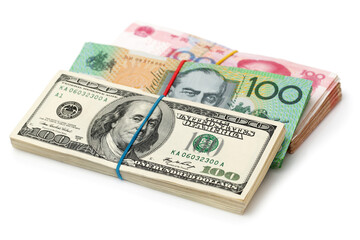  AUD, RMB, USD on white background