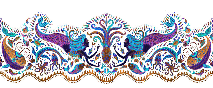 Seamless border pattern of dark purple and turquoise fairy tale sea animals and mermaid. Watercolor painted fantasy fish, octopus, coral, sea shells, air bubbles on a white background. Batik fringe