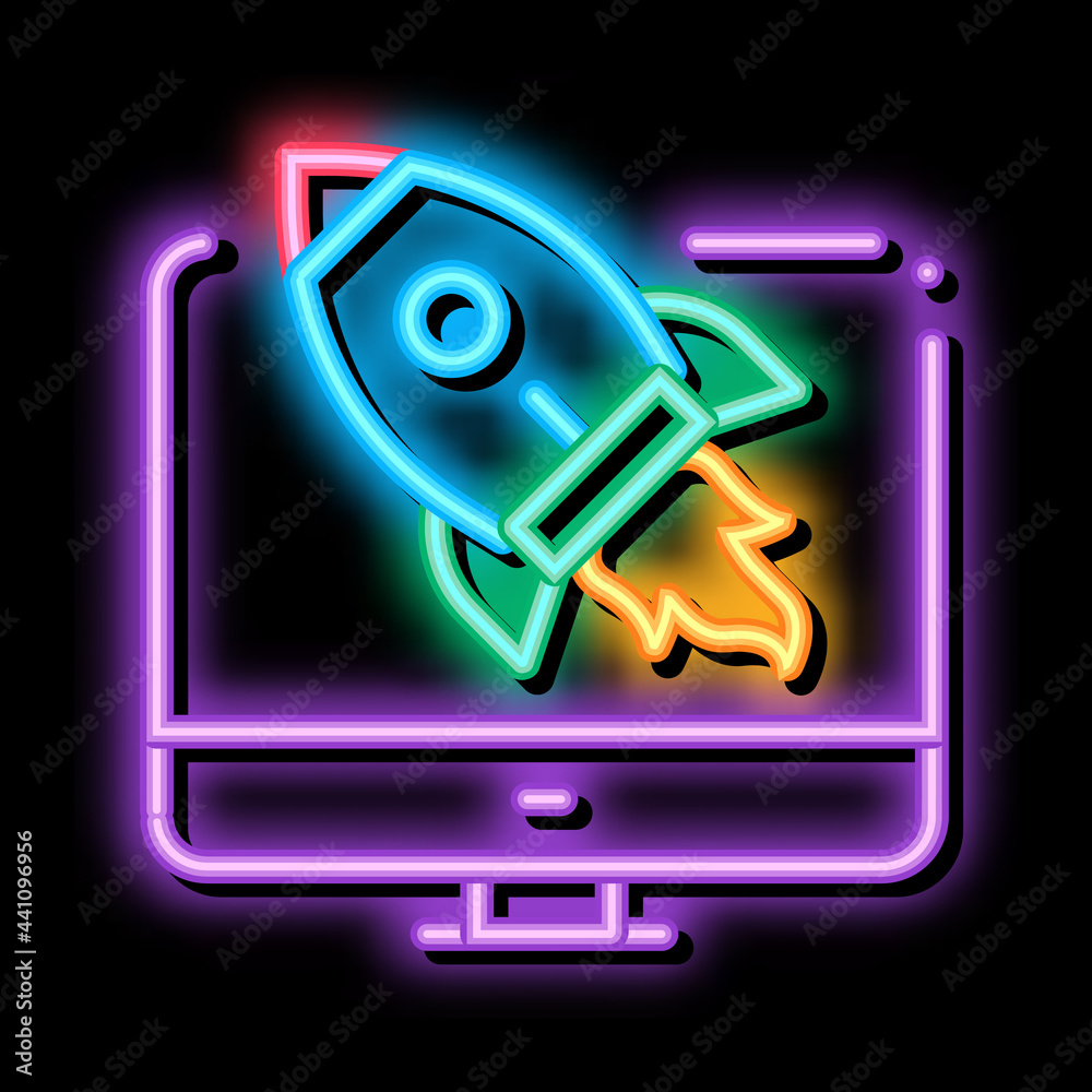 Poster rocket computer control neon light sign vector. glowing bright icon rocket computer control sign. tr