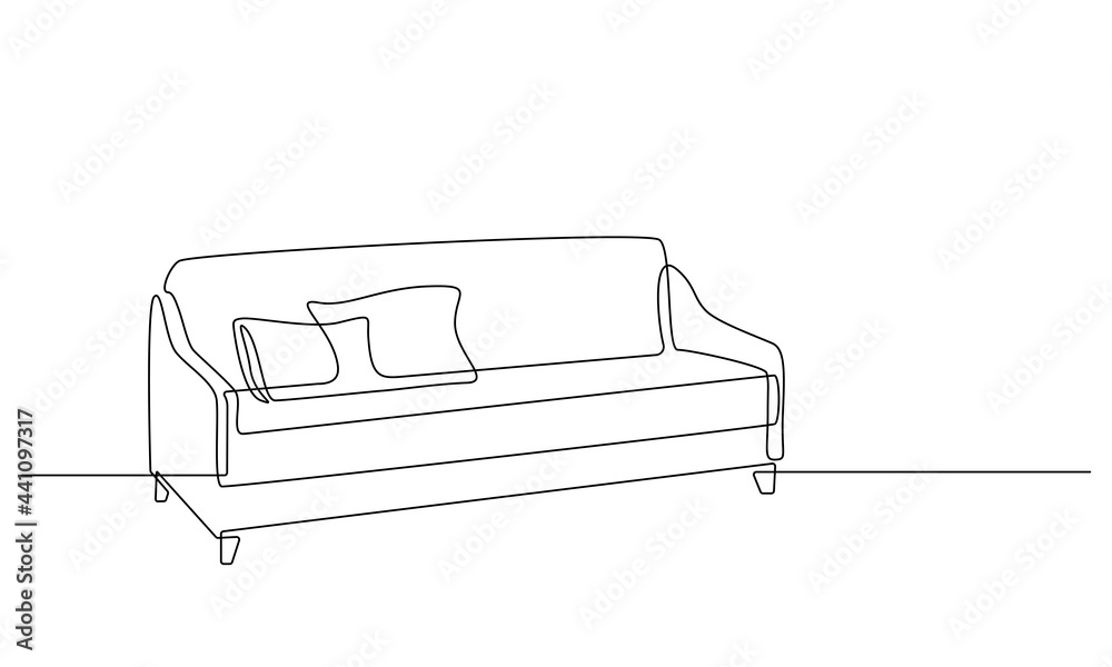 Aufkleber one continuous line drawing of sofa. cozy couch with two pillows. home furniture in simple linear st