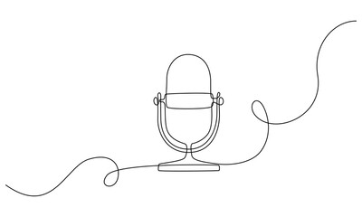 Continuous one line drawing of podcast microphone. Vintage mike in simple linear style for banner of music, webinar, online training speech. Editable stroke. Vector illustration - obrazy, fototapety, plakaty