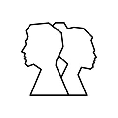 Silhouette of men and women who quarrel and turn their backs icon. Psychology. Divorce of a young couple. Isolated symbol for: illustration, outline, logo, design, web, dev, ui, gui. Vector EPS 10