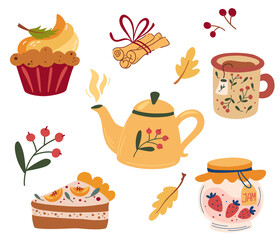 Cozy tea party. Tea set: teapots, pumpkin pie, muffin, cup of hot tea, jam and cinnamon. Tea service, garden flowers and snacks. Vector flat illustration.