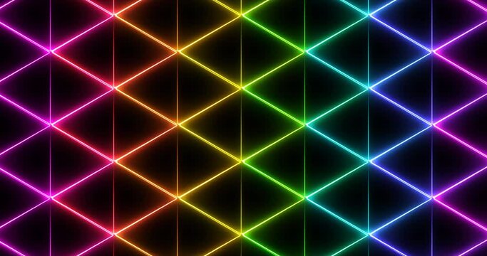 Neon rainbow triangles. Moving multicolor lines. Looped abstract background. Beautiful, decorative, screensaver.