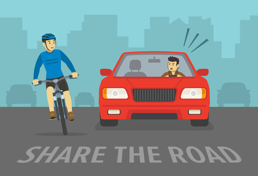 Scared cyclist turned his head and looking at red sedan car. Front view of cycling bike rider and agressive angry car driver. Share the lane warning design. Flat vector illustration template.