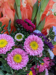 Bouquet of flowers for special's day. A mixture of fresh cut flowers. Close-up of a set of varied and colorful flowers.