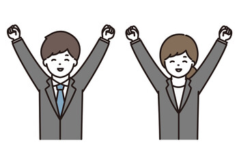 笑顔でガッツポーズをするビジネスマン・ビジネスウーマン