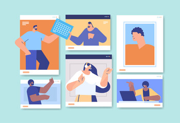 businesspeople in web browser windows discussing during video call business people team using virtual conference