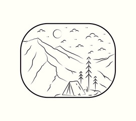landscape design of mountains and camp in mono line art, patch badge design, emblem design, T-Shirt Design