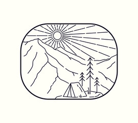 landscape design of mountains and camp in mono line art, patch badge design, emblem design, T-Shirt Design