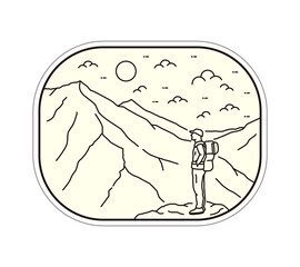 Mountain landscape design and a climber in mono line art, patch badge design, emblem design, T-Shirt Design