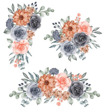 watercolor set of flower arrangement navy and peach orange