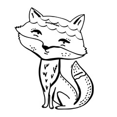 Contour linear illustration with animal for coloring book. Cute fox, anti stress picture. Line art design for adult or kids  in zentangle style and coloring page.