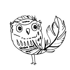 Contour linear illustration with bird for coloring book. Cute owl, anti stress picture. Line art design for adult or kids  in zentangle style and coloring page.