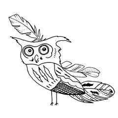 Contour linear illustration with bird for coloring book. Cute owl, anti stress picture. Line art design for adult or kids  in zentangle style and coloring page.