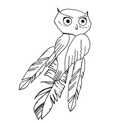 Contour linear illustration with bird for coloring book. Cute owl, anti stress picture. Line art design for adult or kids  in zentangle style and coloring page.