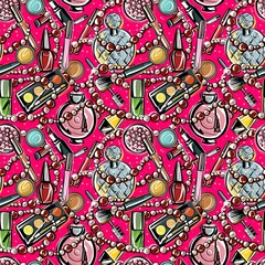 Seamless pattern. Bright scattered decorative cosmetics on a pink background. Perfume lipstick shadow brush beads woven into a single pattern. Illustration in the style of a fashionable sketch by hand